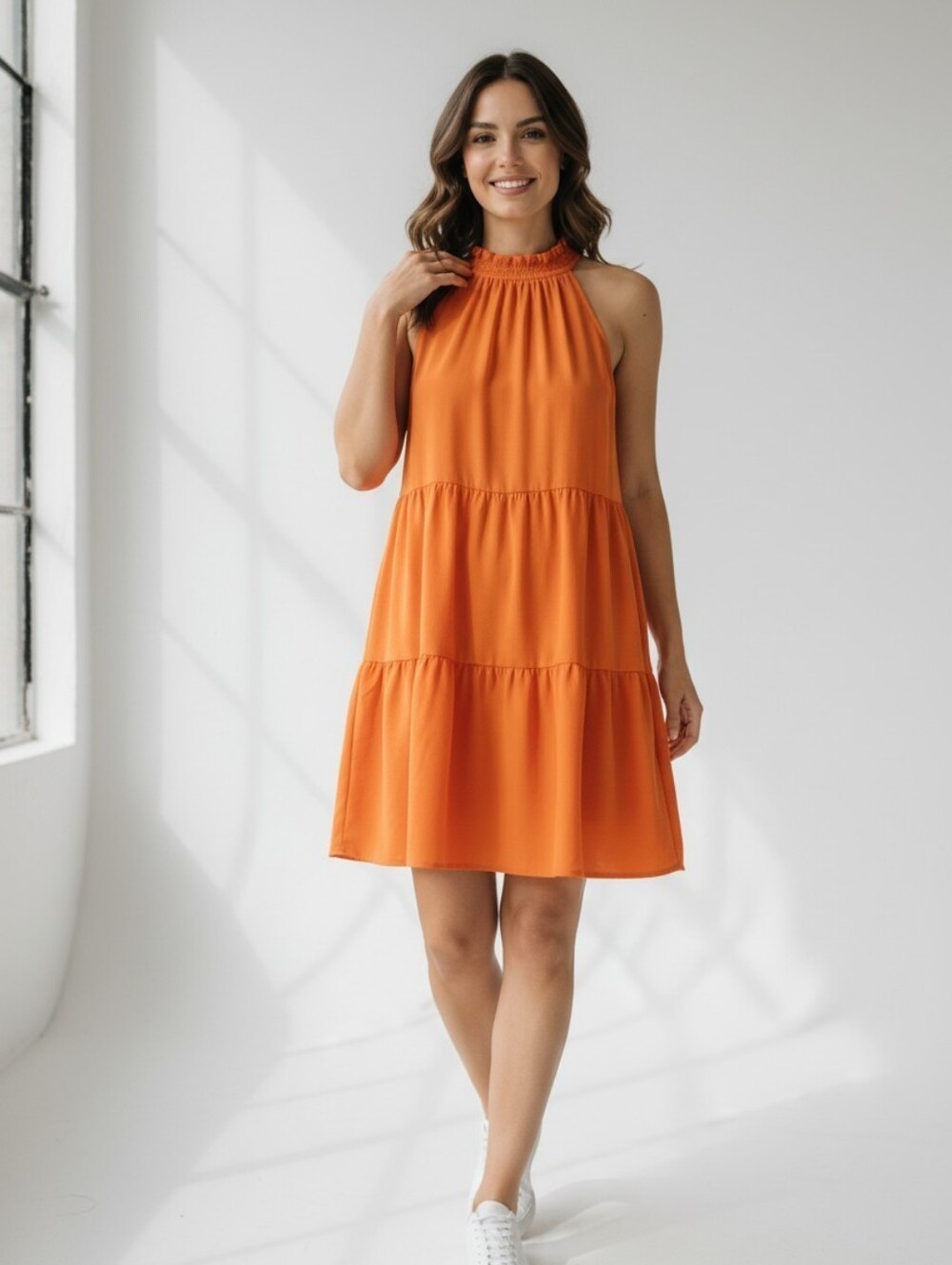 Women's Vintage Boho  Orange Tiered Halter Mini Dress M